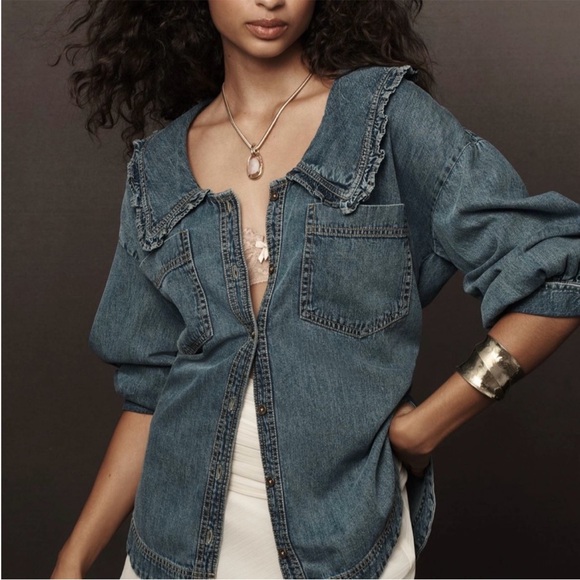 ANTHROPOLOGIE Pilcro Frill-Collar Denim Button Down Shirt Indigo Sz XS Oversized - Picture 3 of 12